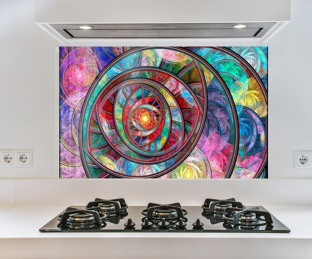 a colorful painting on a wall above a stove