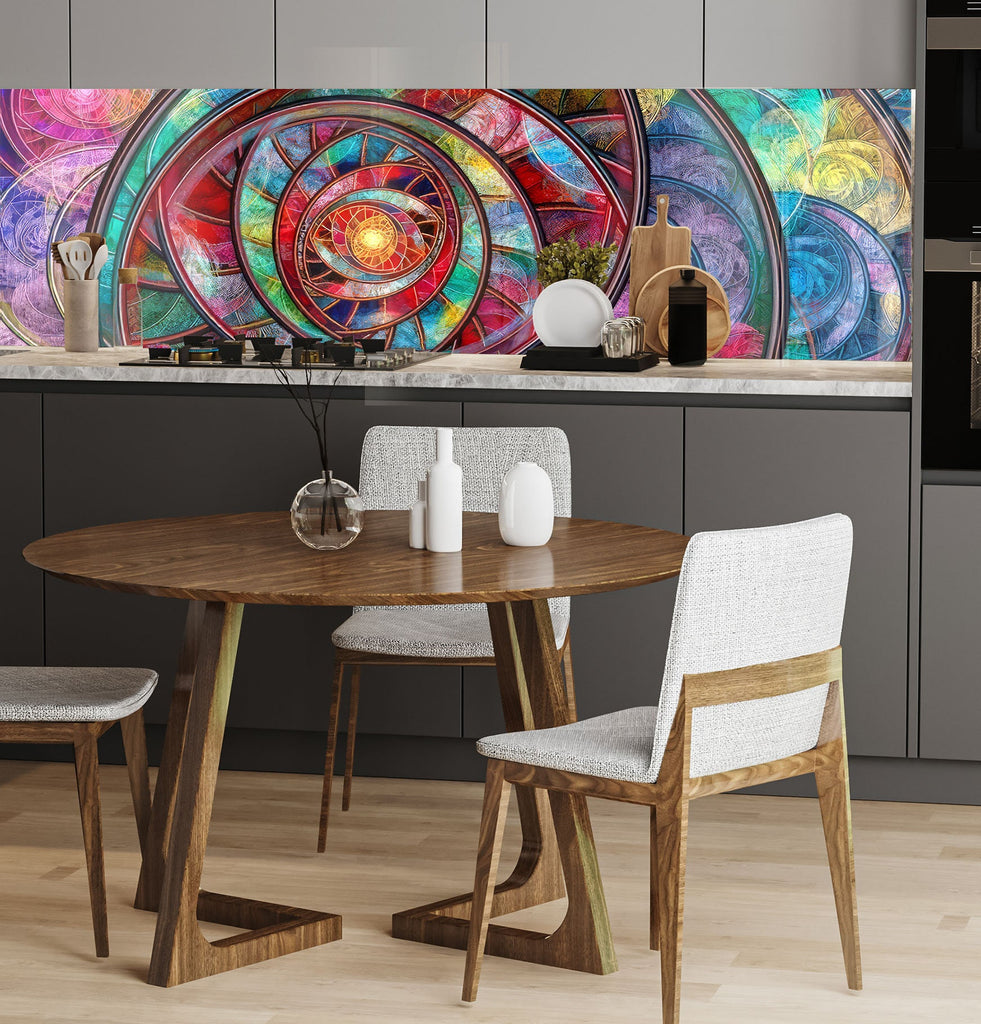 a kitchen with a table and chairs and a painting on the wall