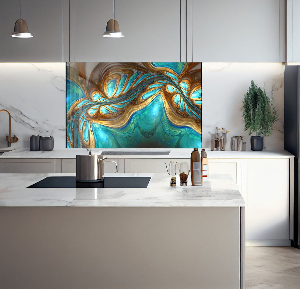 a kitchen with marble counter tops and a painting on the wall