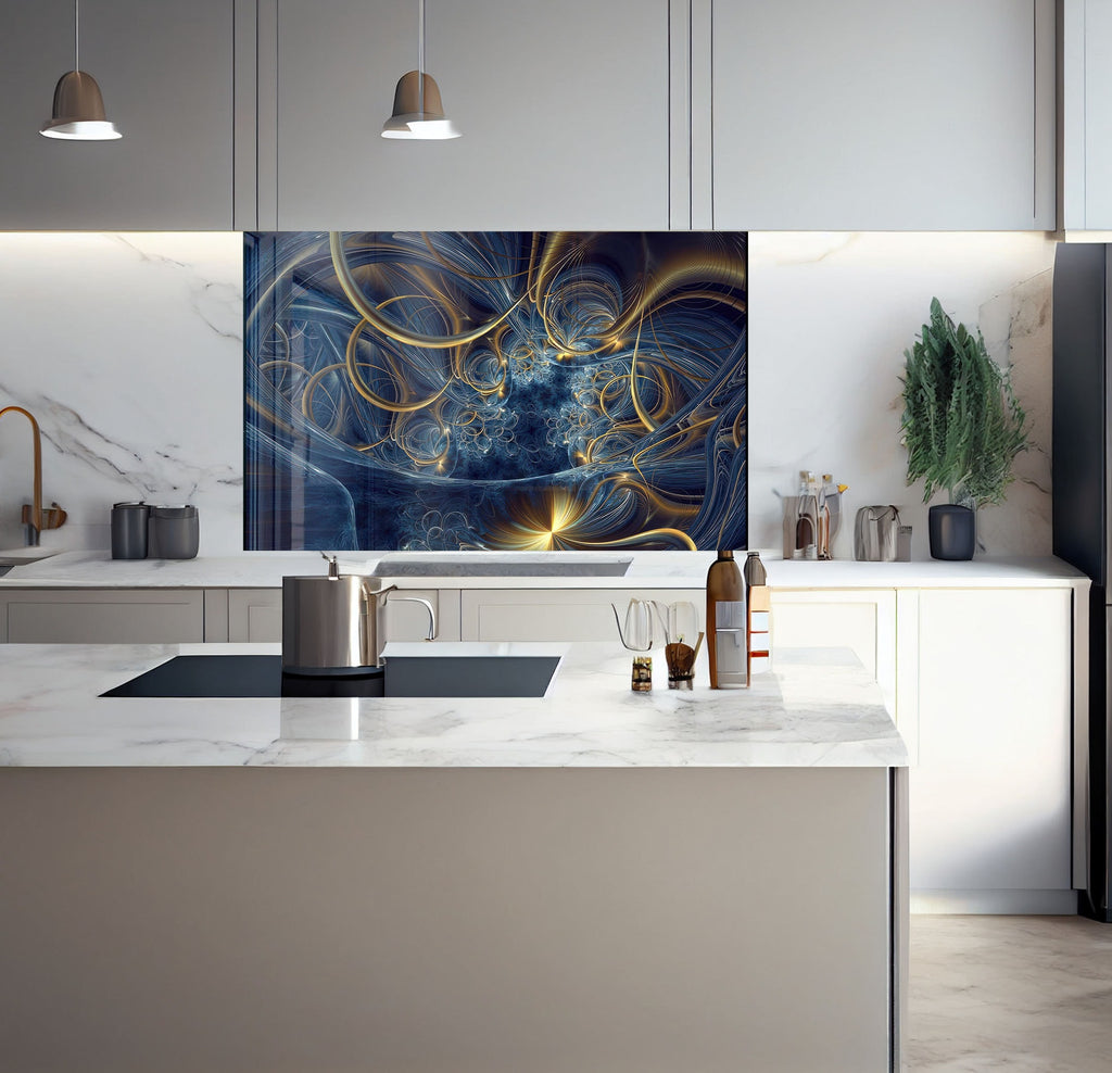 a kitchen with a marble counter top and a painting on the wall