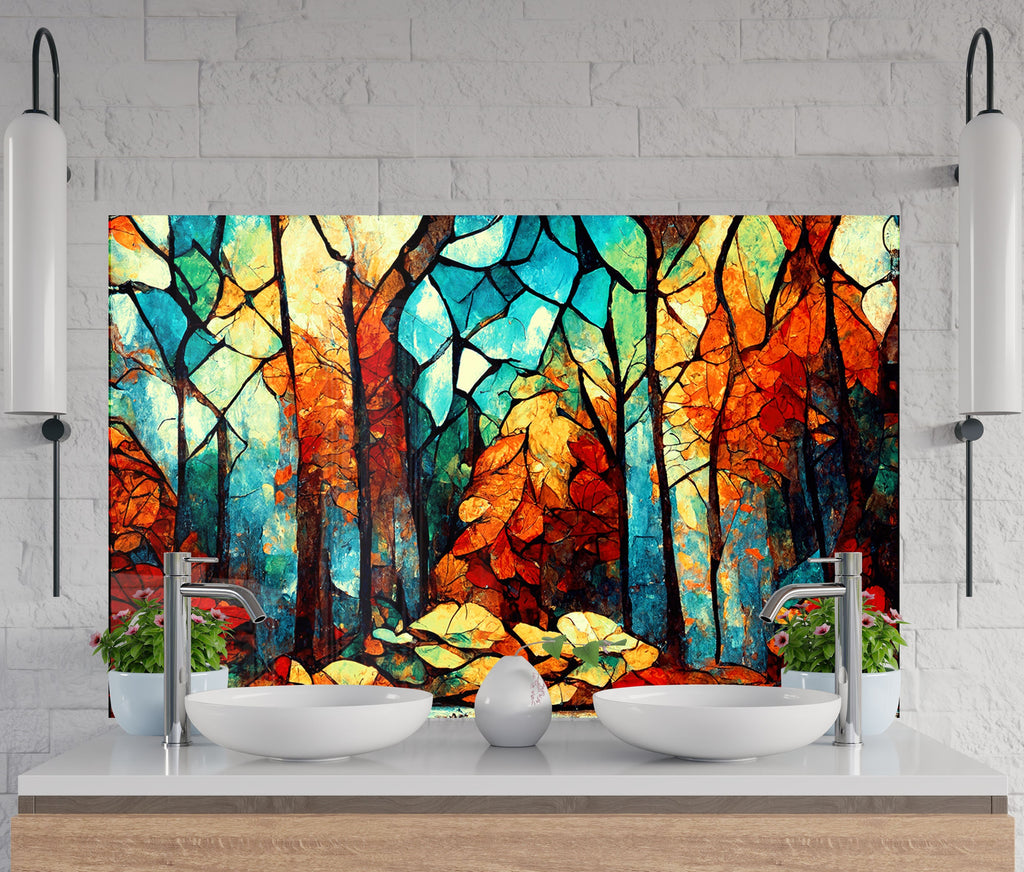 a painting of two sinks in front of a painting of trees