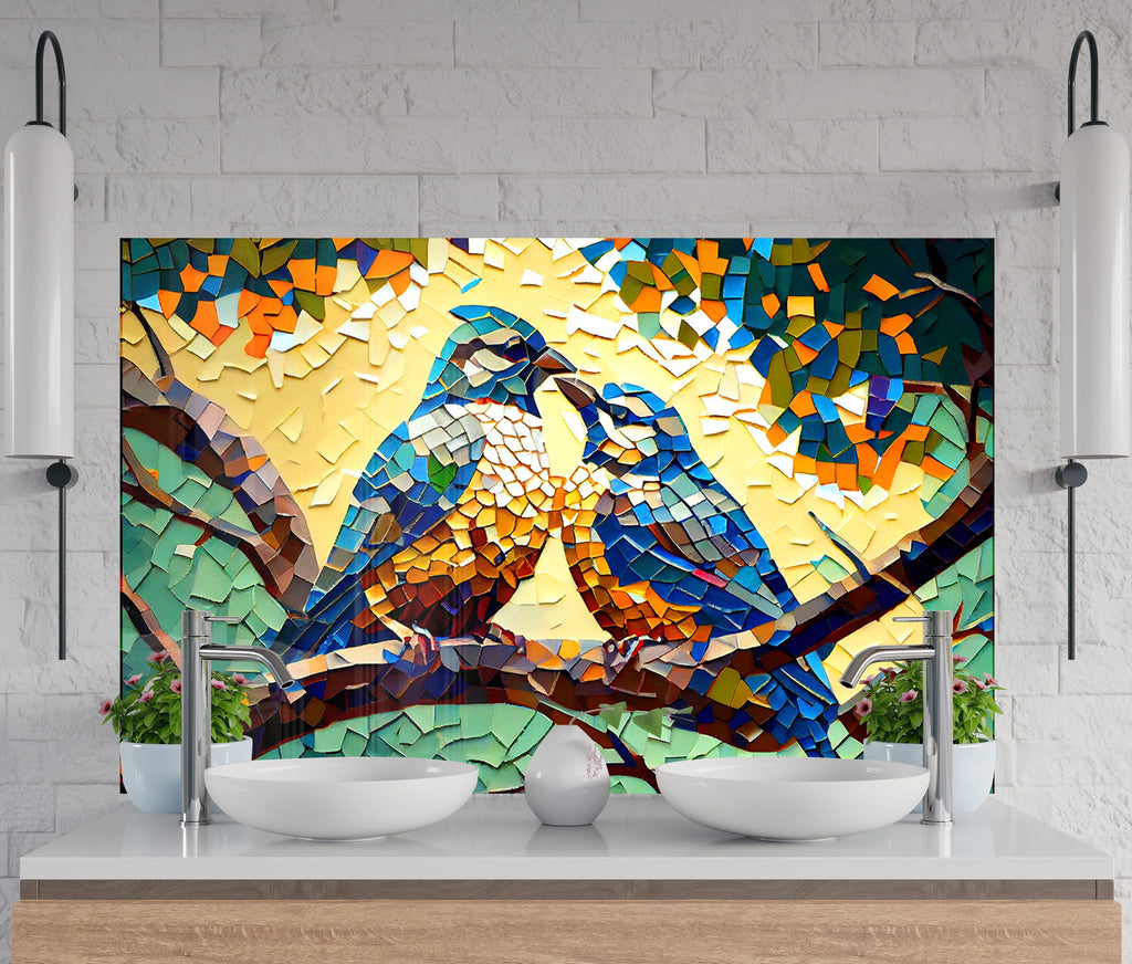 a painting of two birds sitting on a tree branch