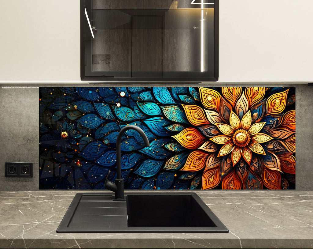 a kitchen counter with a painting on it