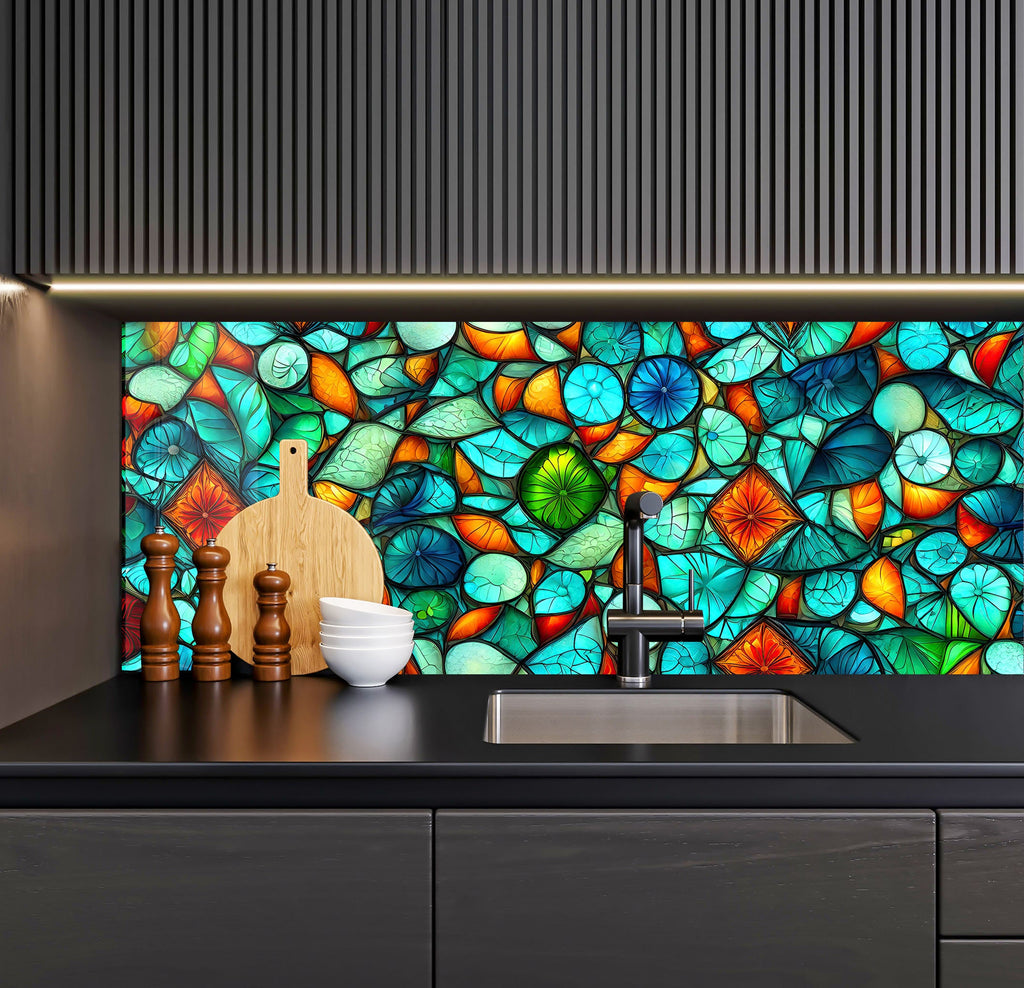 a kitchen counter with a sink and a colorful glass wall behind it