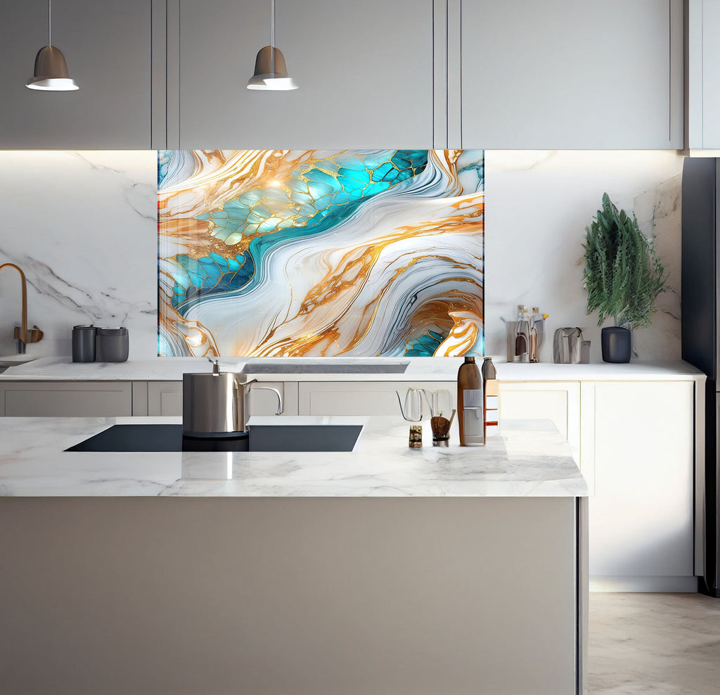 a kitchen with marble counter tops and a painting on the wall