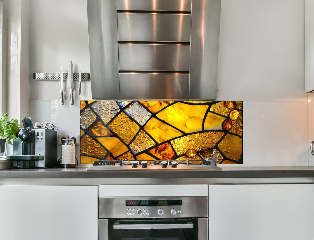 a kitchen with a stove top oven and a stained glass window