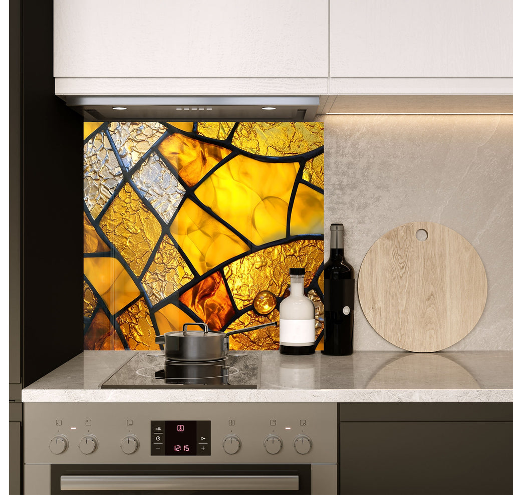 a stove top oven sitting under a stained glass window