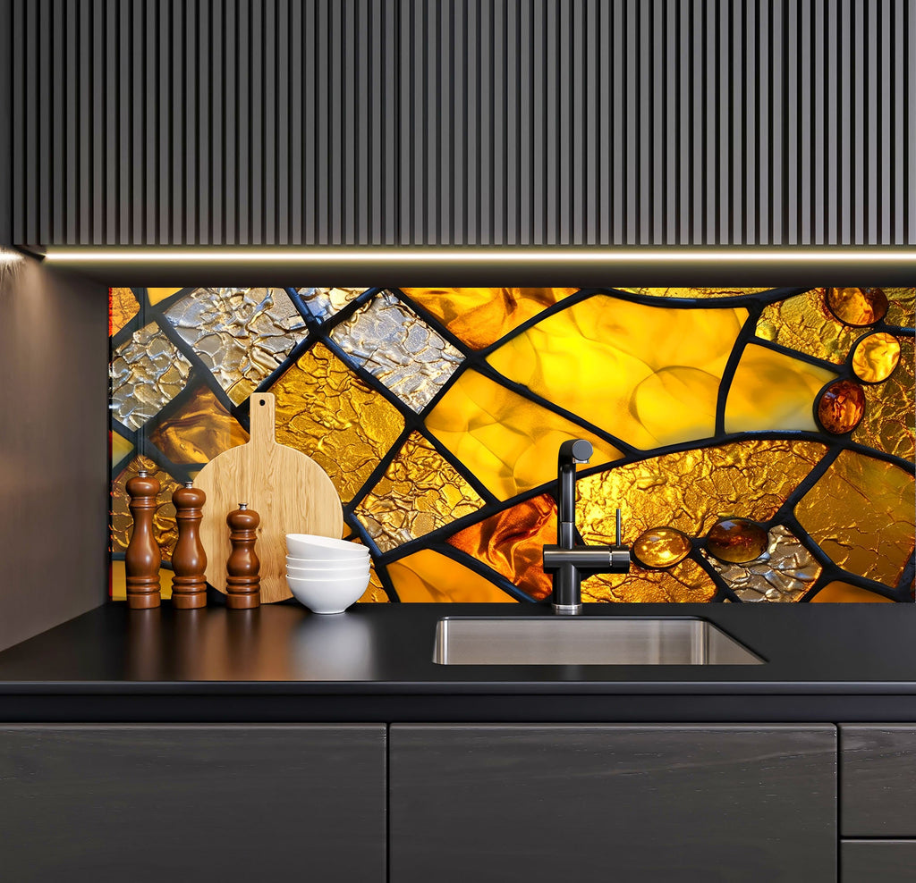 a kitchen with a sink and a stained glass wall