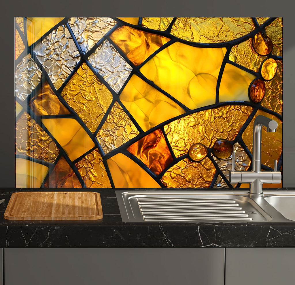 a kitchen sink under a stained glass window