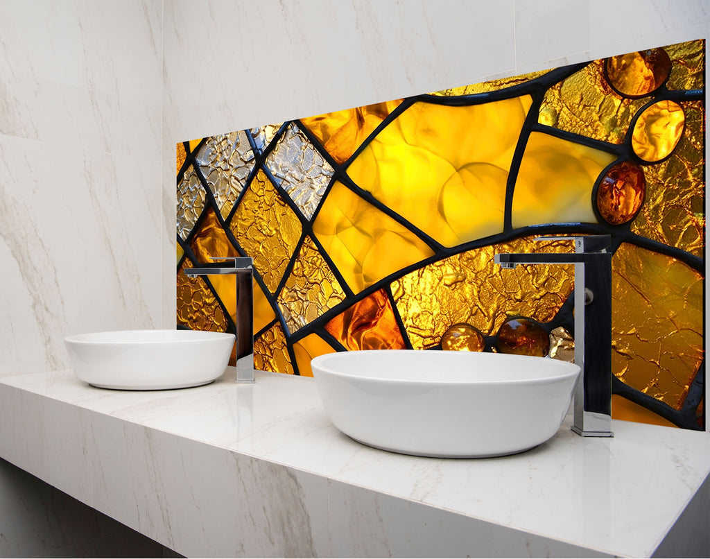 a bathroom with two sinks and a stained glass wall