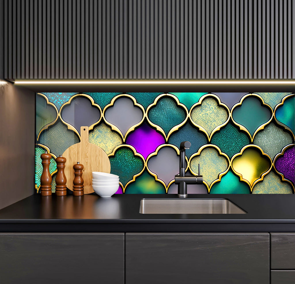 a kitchen counter with a sink and a decorative wall behind it