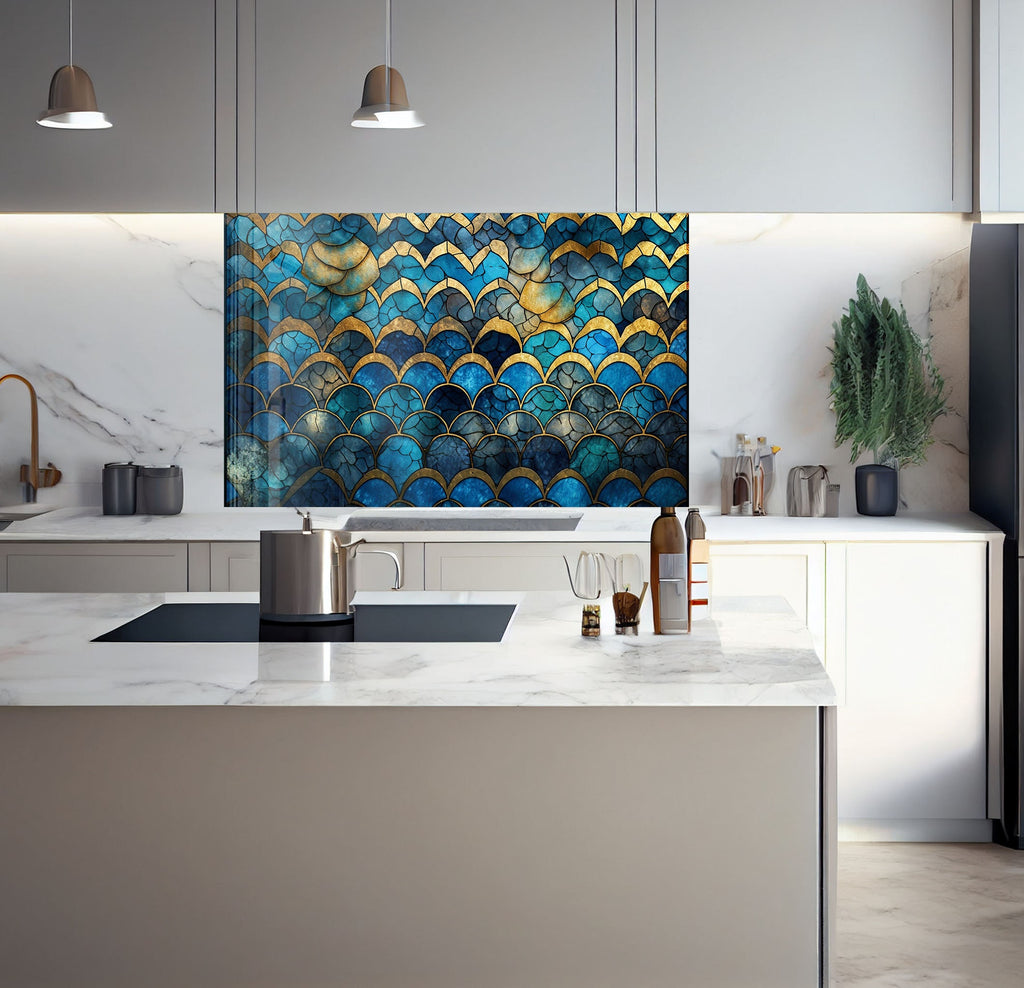 a kitchen with a marble counter top and a painting on the wall