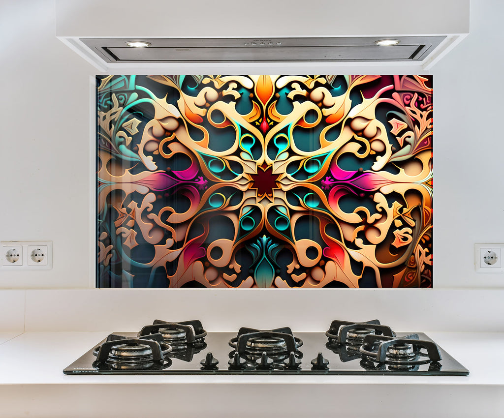 a picture of a colorful design on a wall above a stove