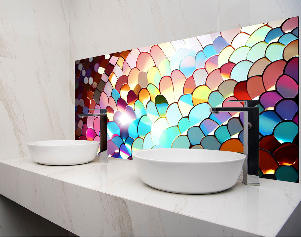 two white bowls on a counter in front of a colorful wall