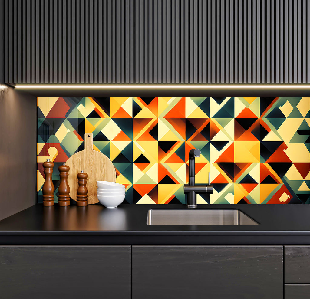 a kitchen with a sink and a colorful wall