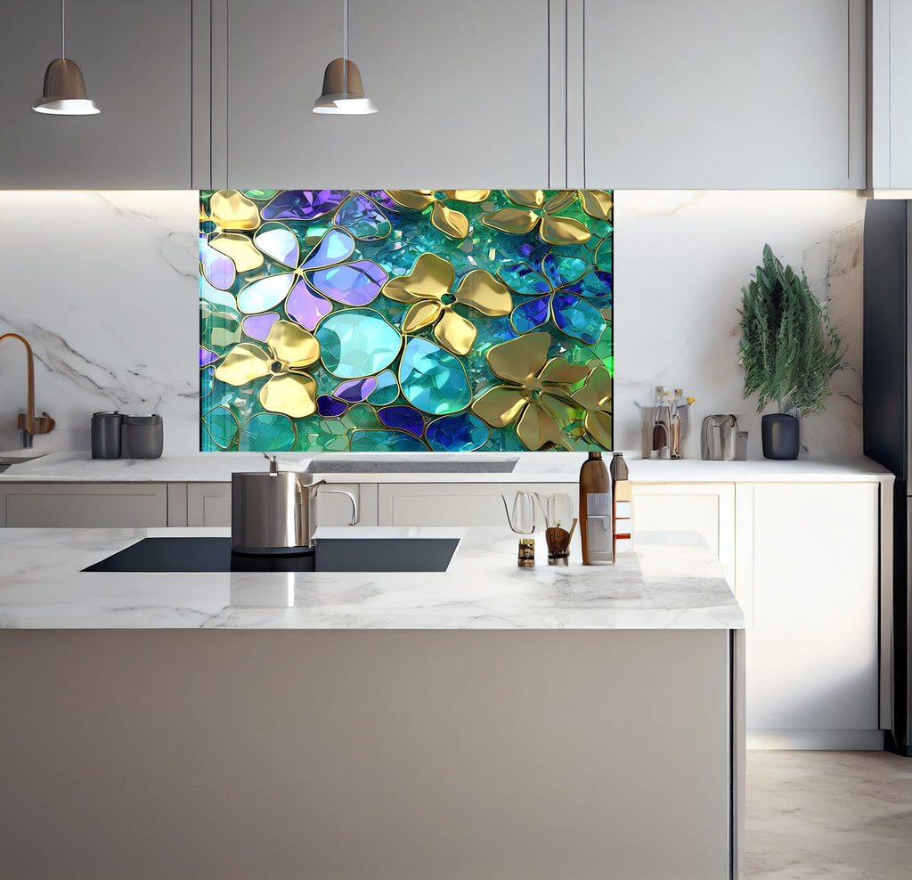 a kitchen with a marble counter top and a painting on the wall