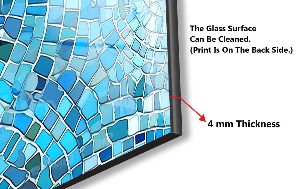 a picture of a blue mosaic pattern with the words glass surface can be cleaned,