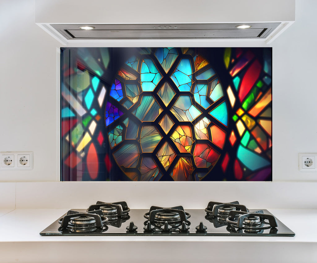 a picture of a multicolored glass design on a wall above a stove