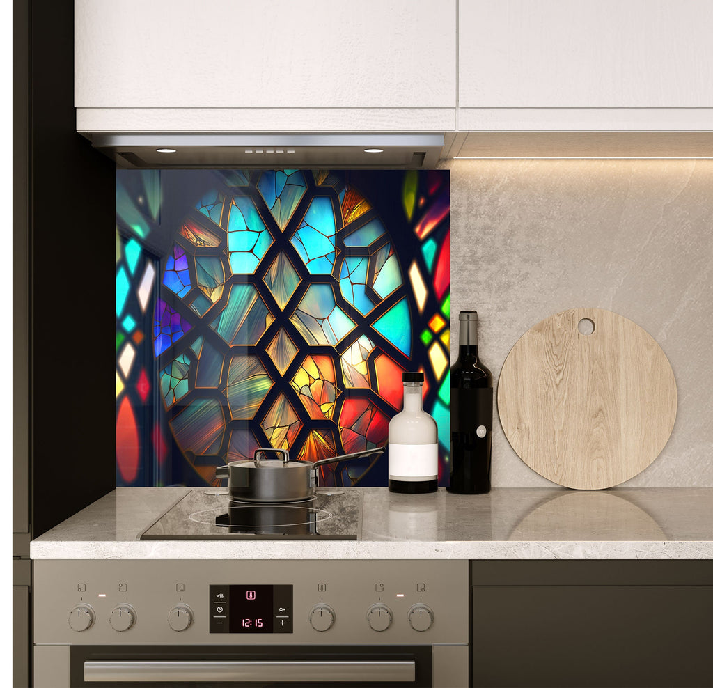 a stove top oven sitting under a stained glass window