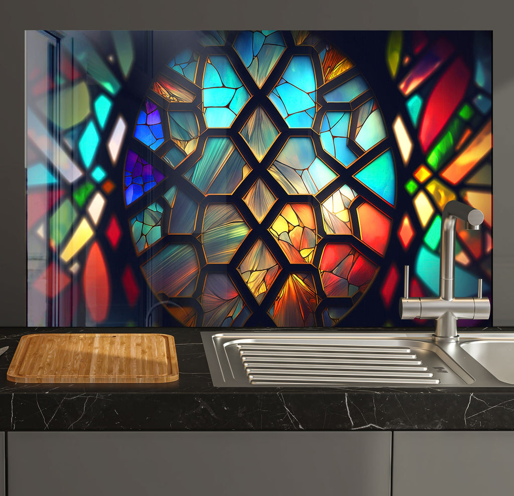 a kitchen counter with a sink and a painting on the wall