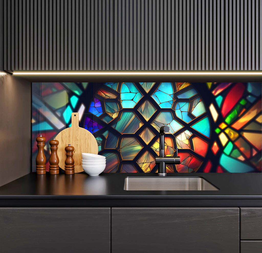 a kitchen with a sink and a stained glass wall