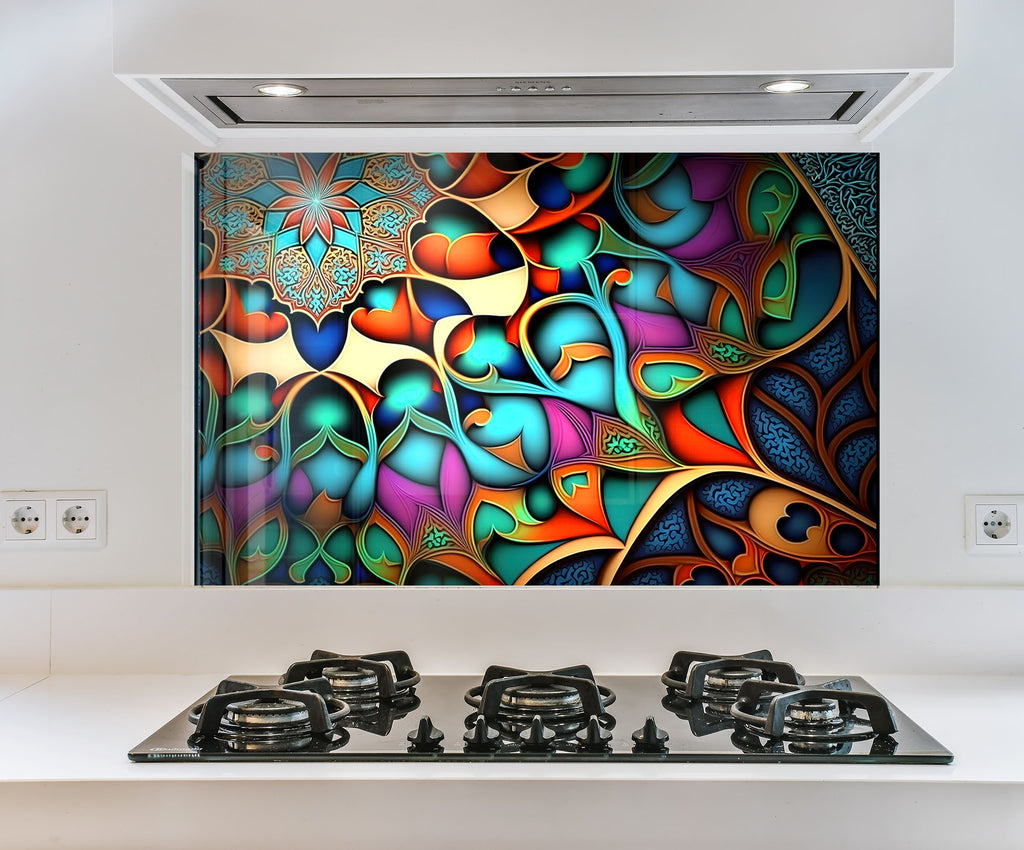 a picture of a colorful painting on a wall above a stove