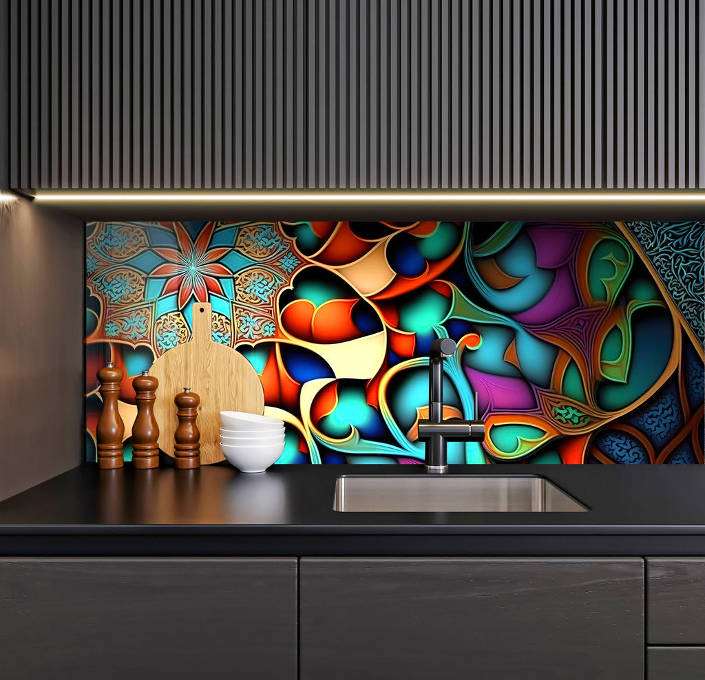 a kitchen counter with a sink and a painting on the wall