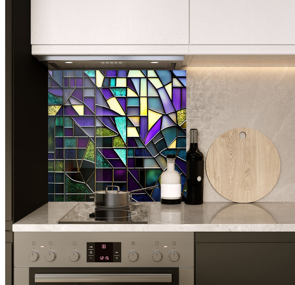 a stove top oven sitting under a stained glass window