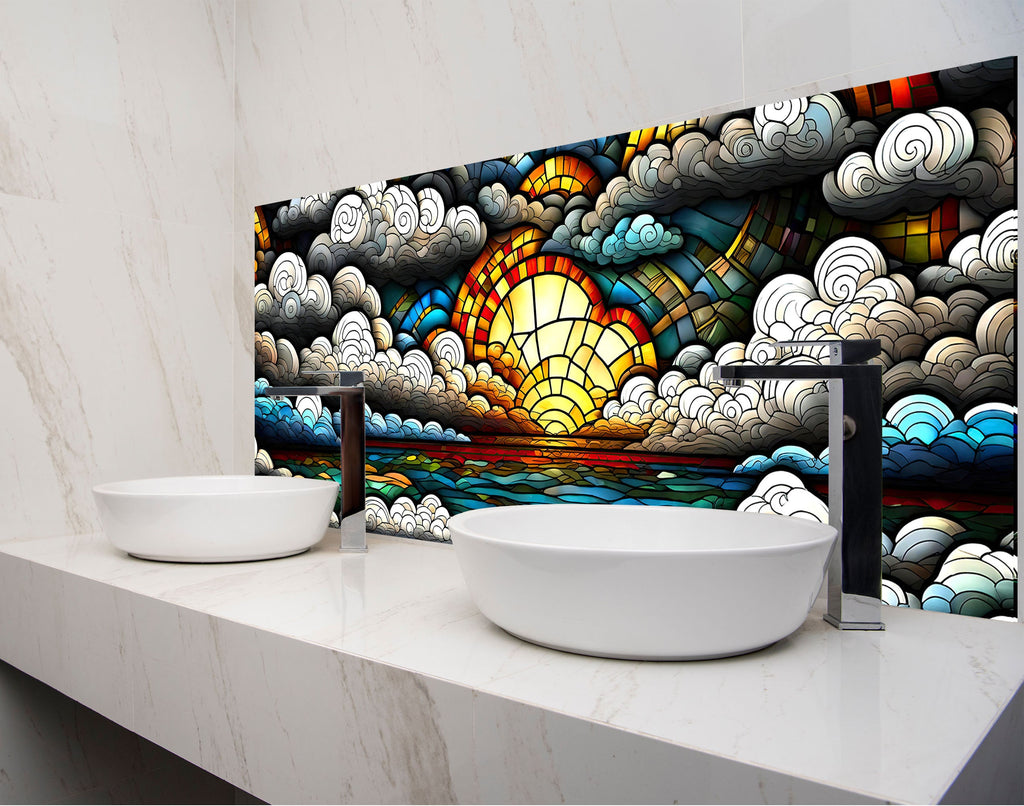 a bathroom with two sinks and a mural on the wall