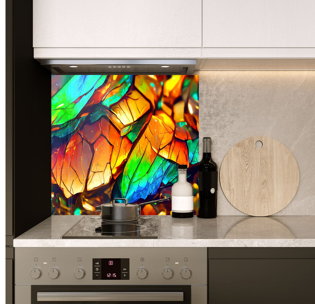 a kitchen with a stove top oven next to a cutting board