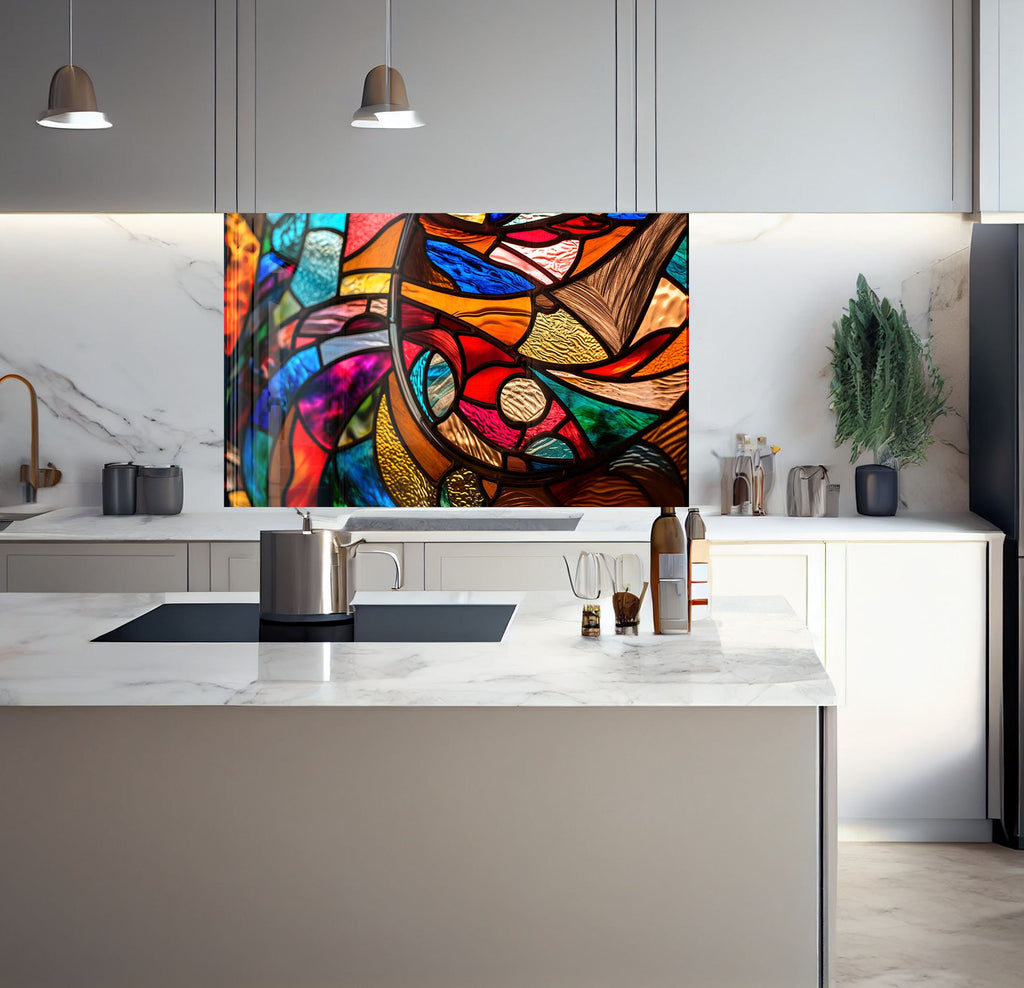 a kitchen with a large painting on the wall