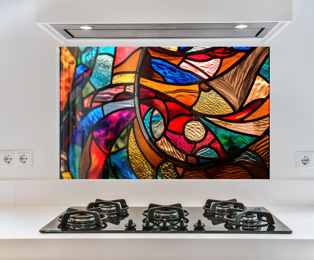 a picture of a colorful painting on a wall above a stove