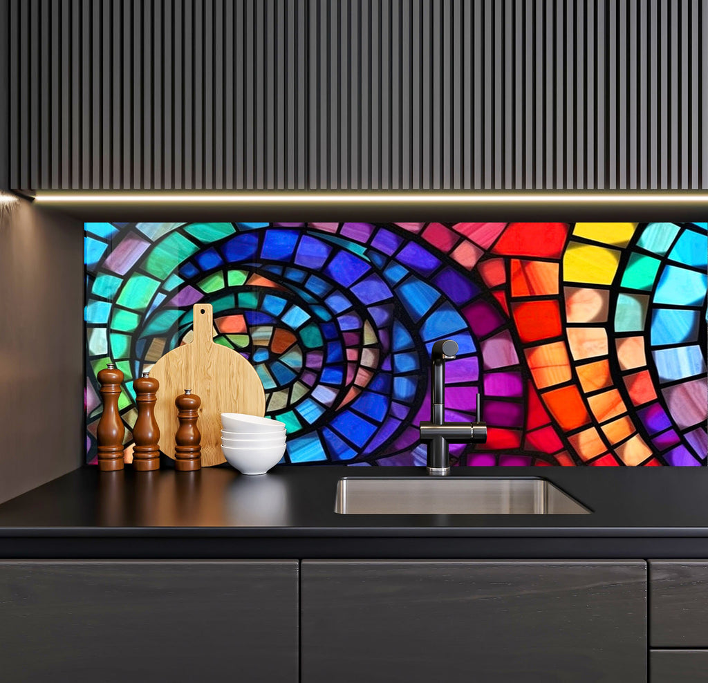 a kitchen counter with a sink and a colorful wall behind it