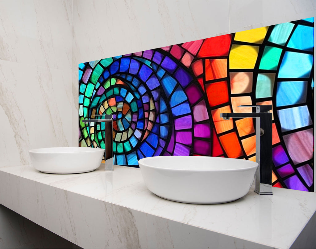 two white bowls on a counter in front of a colorful wall