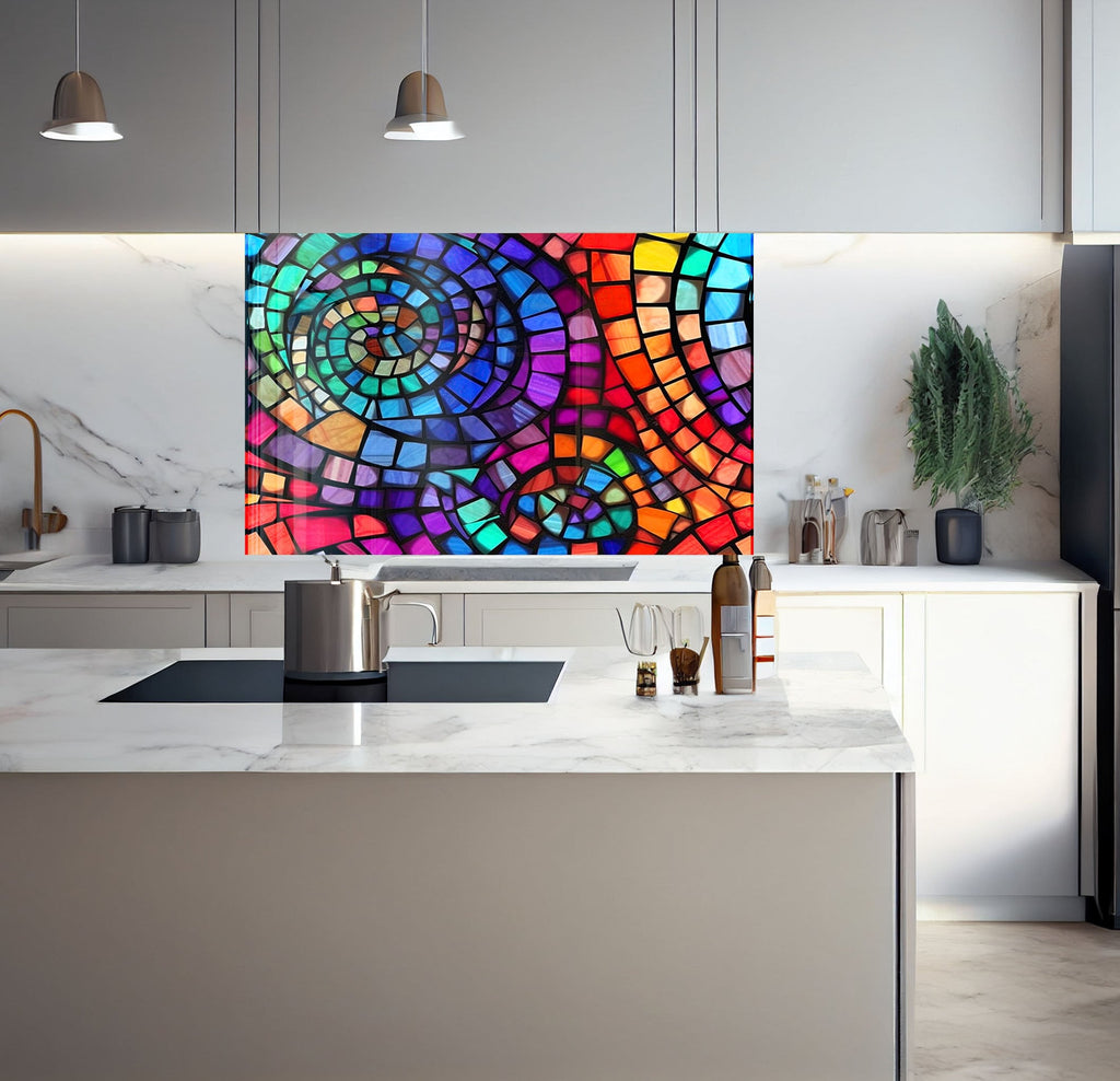 a kitchen with a marble counter top and a colorful painting on the wall