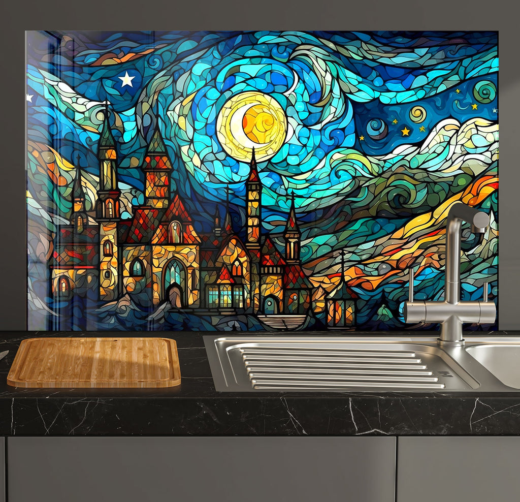 a kitchen with a sink and a painting on the wall