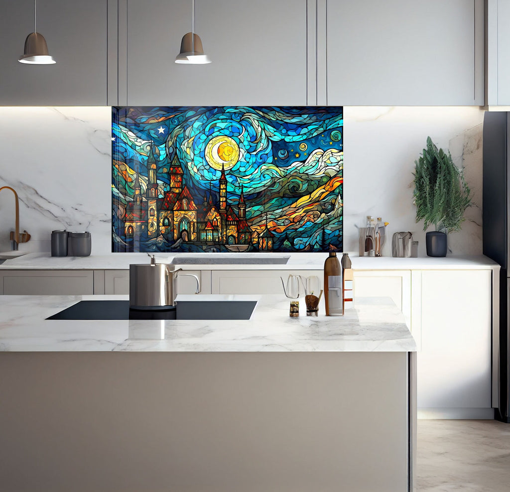 a kitchen with a large painting on the wall