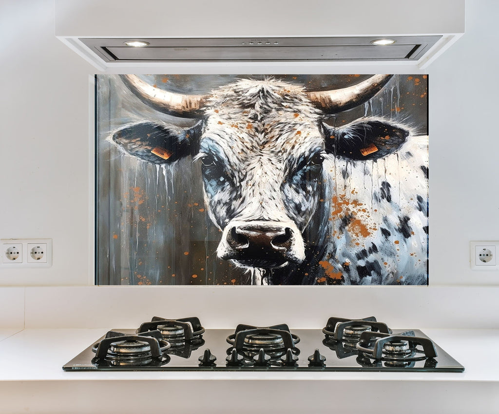 a painting of a cow on a wall above a stove