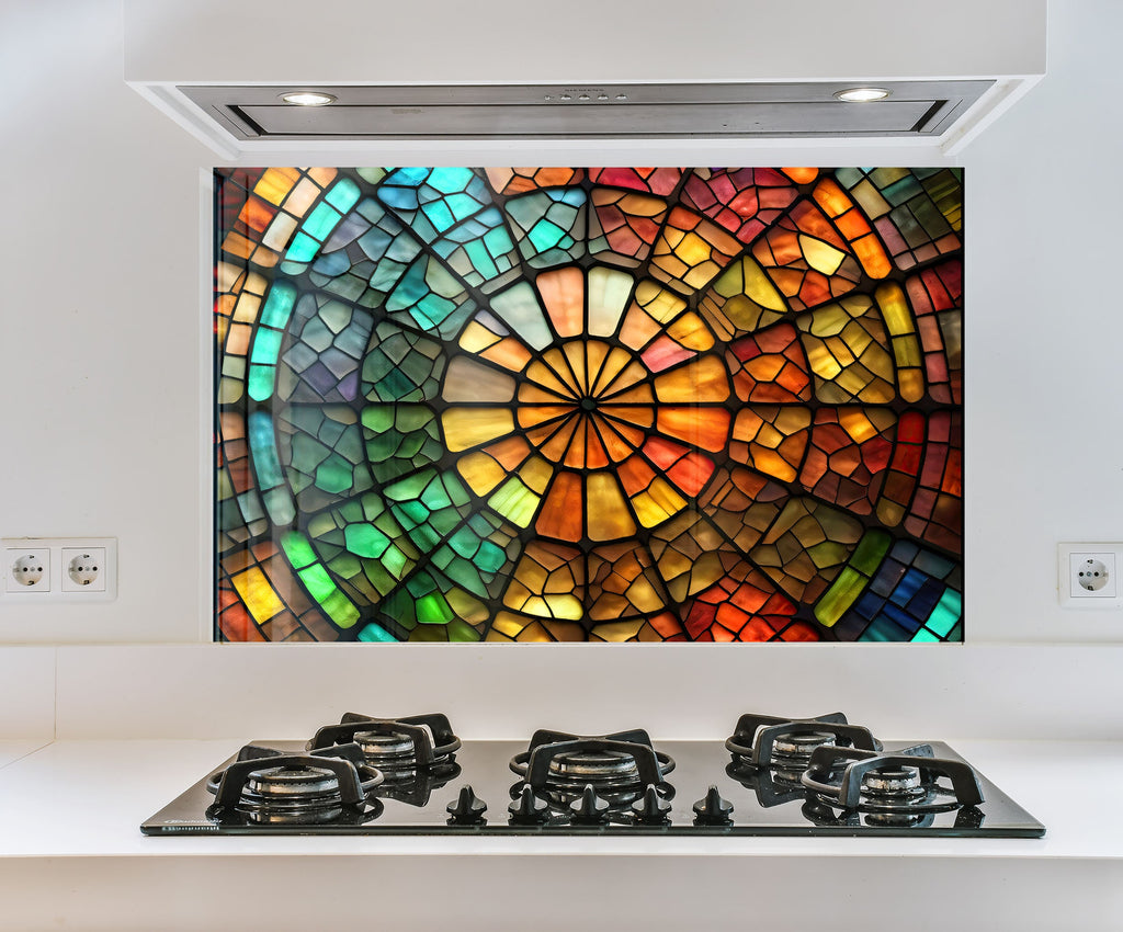 a picture of a multicolored glass window in a kitchen