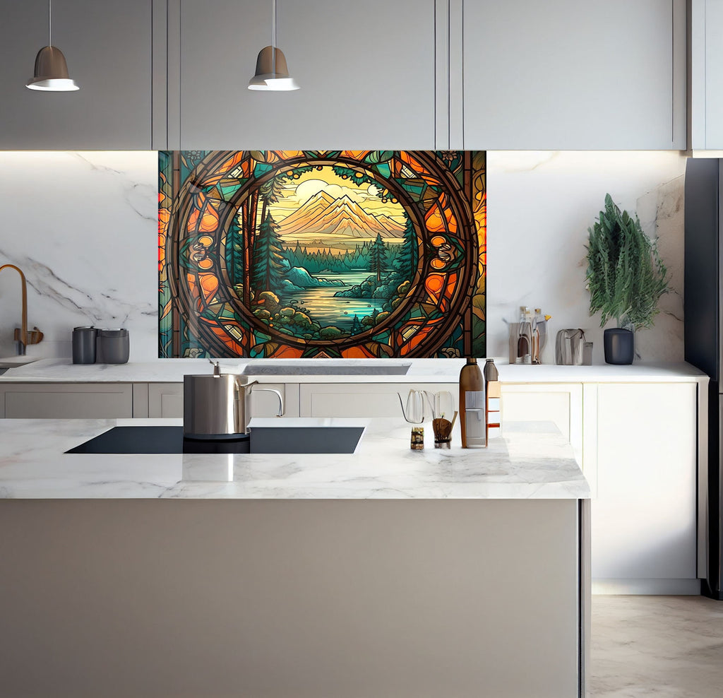 a kitchen with a large painting on the wall